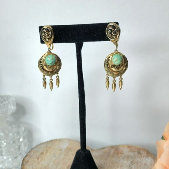 Marino Vintage Gold turquoise dangle screwback earrings - Picture 2 of 6